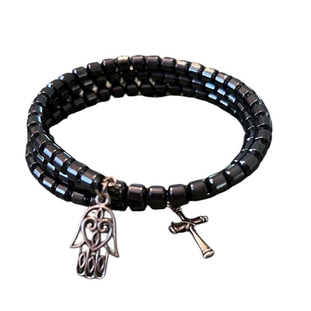 NWT handmade magnetic hematite wrap bracelet with hand and cross charms